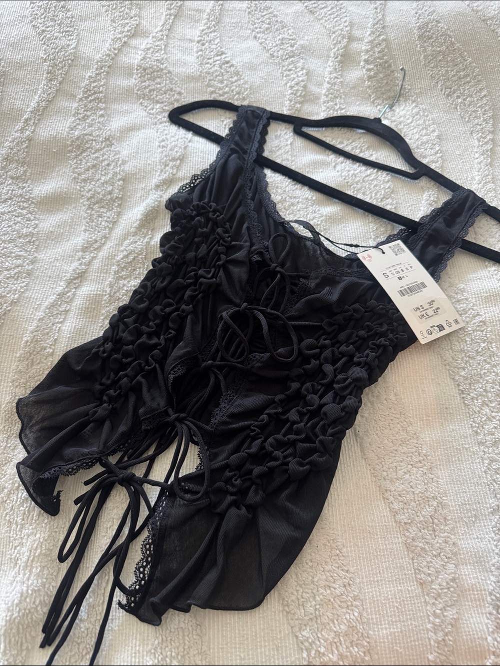 Zara Black Lace-Up Sheer Ruched Tank